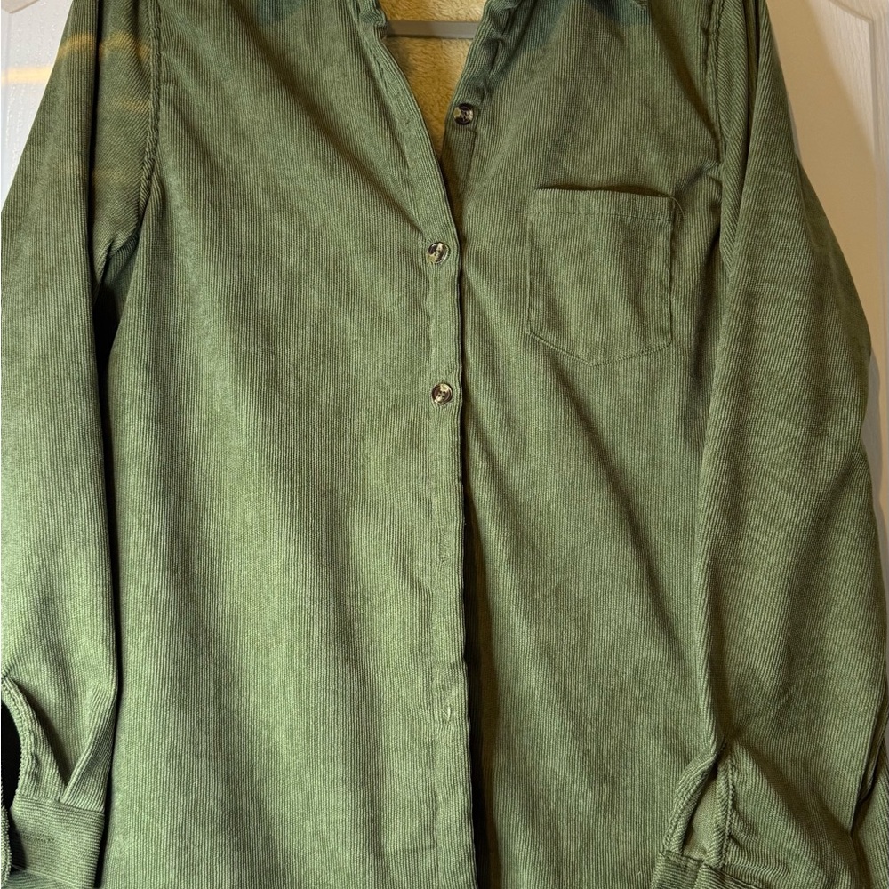 Ladies Dark Green Corduroy Button-Up Shirt with Sherpa lining